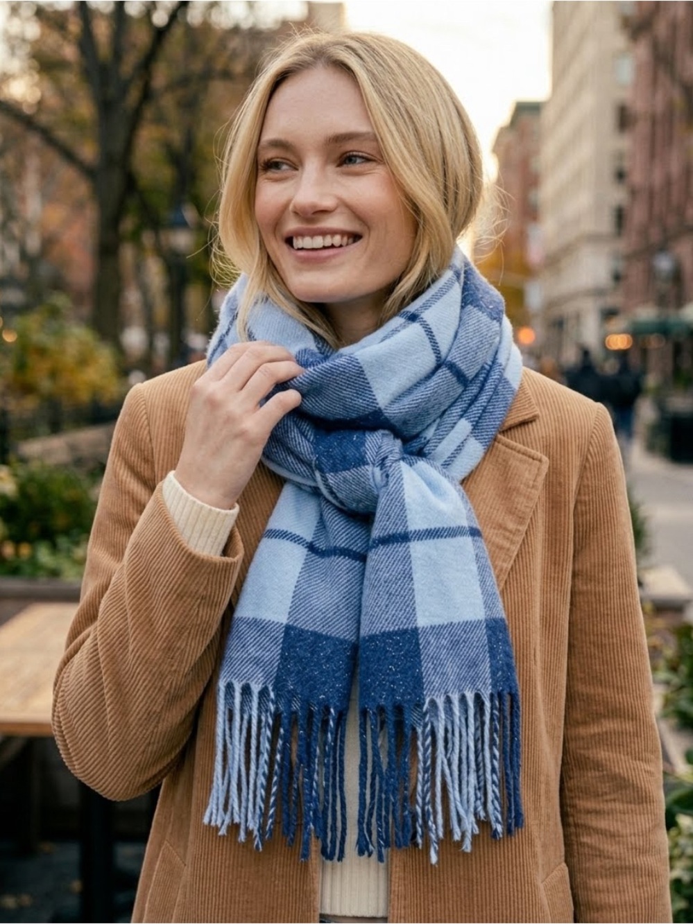 NWT Steve Madden Women's Blue Plaid Fringe-Trim metallic threads Scarf, 77” X 20